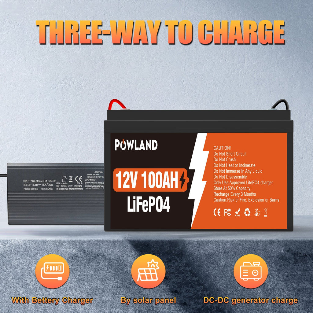 POWLAND LiFePO₄ Battery 12V-100AH BMS Series and Parallel Connection Rechargeable