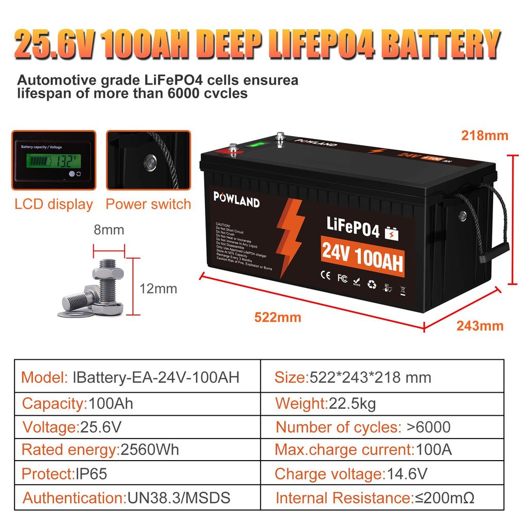 POWLAND LiFePO₄ battery 24V 100AH BMS Series and parallel connection Fast Charge Balanced