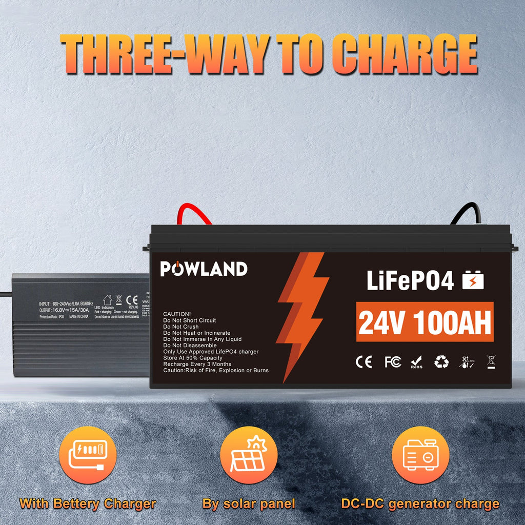 POWLAND LiFePO₄ battery 24V 100AH BMS Series and parallel connection Fast Charge Balanced